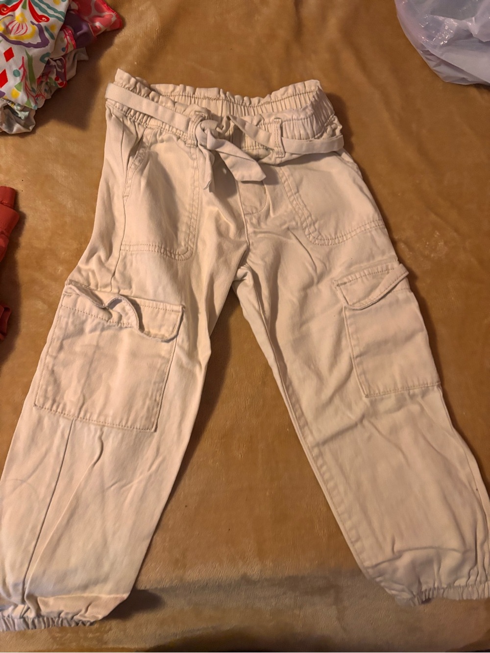 Kids Cargo Jogger Pants in Cream - Lightweight Pull-On Bottoms